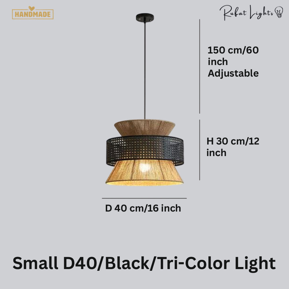 Japanese Rope Zen Teahouse Pendent Light dimensions Small D40 Black Tri-Color Light