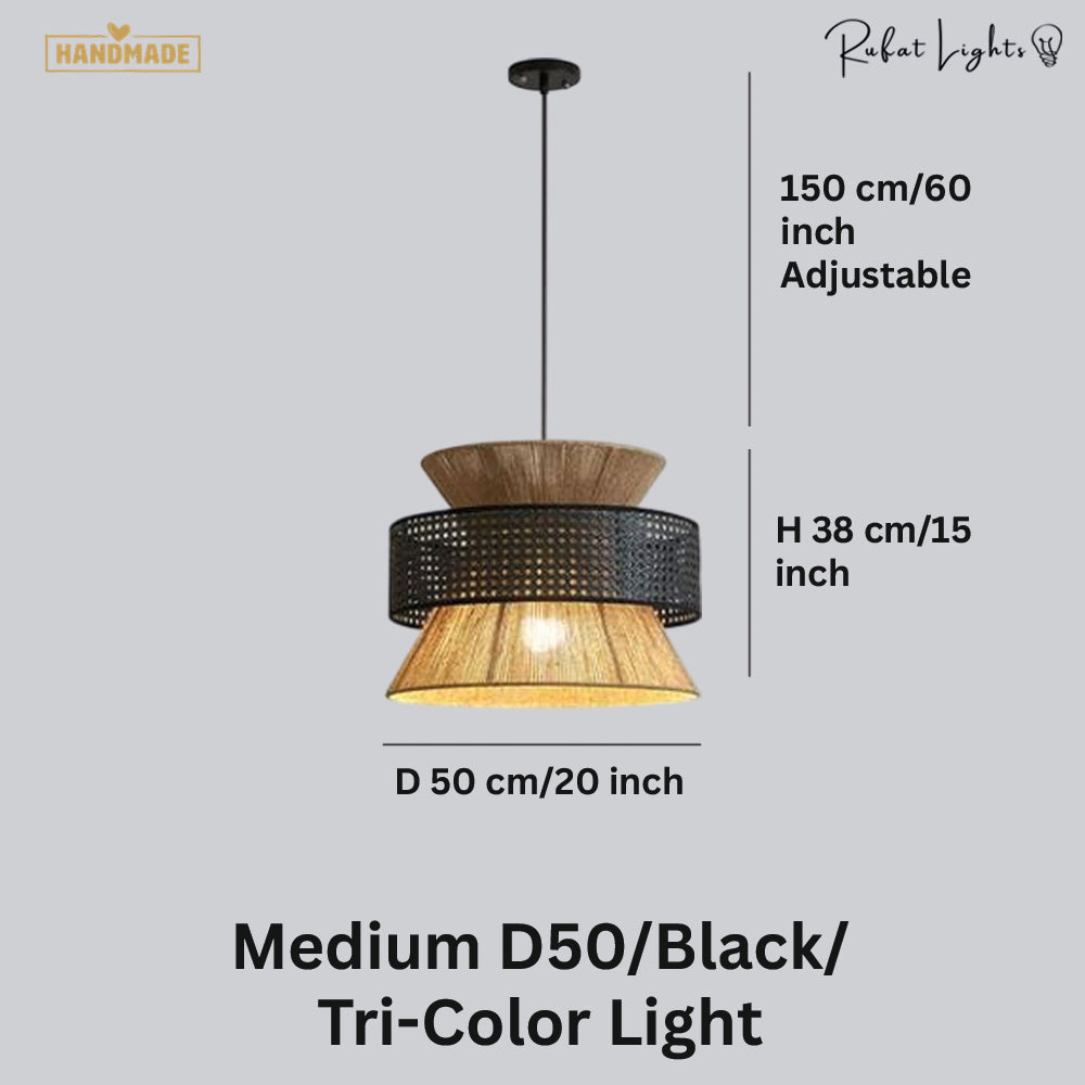 Japanese Rope Zen Teahouse Pendent Light dimensions Medium D50 Black Tri-Color Light