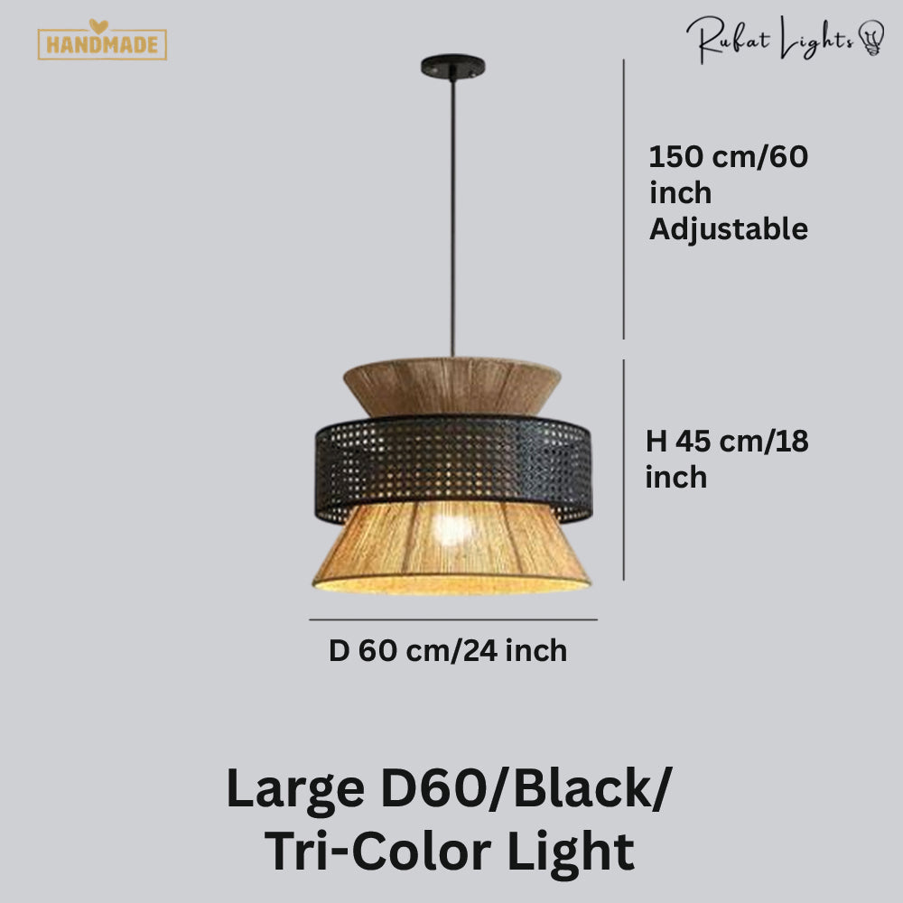 Japanese Rope Zen Teahouse Pendent Light dimensions Large D60 Black Tri-Color Light