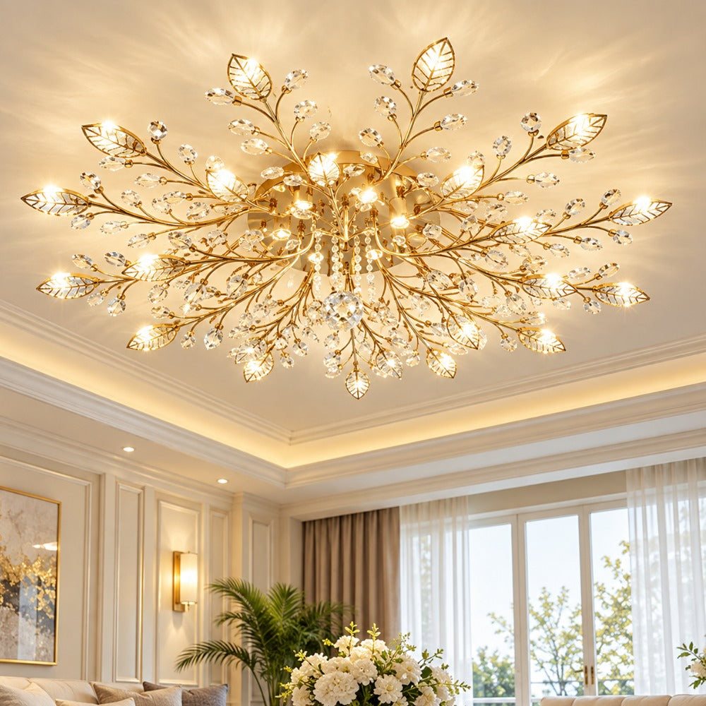 Kristallen Blad Luxury K9 Crystal Chandelier Lamp gold crystal branches on a white ceiling