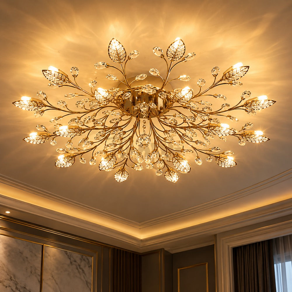 Kristallen Blad Luxury K9 Crystal Chandelier Lamp glowing in a living room