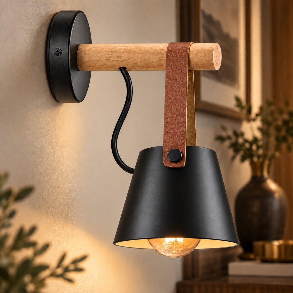 Leather Strap Wood Wall Lamps black shade beside a wall shelf