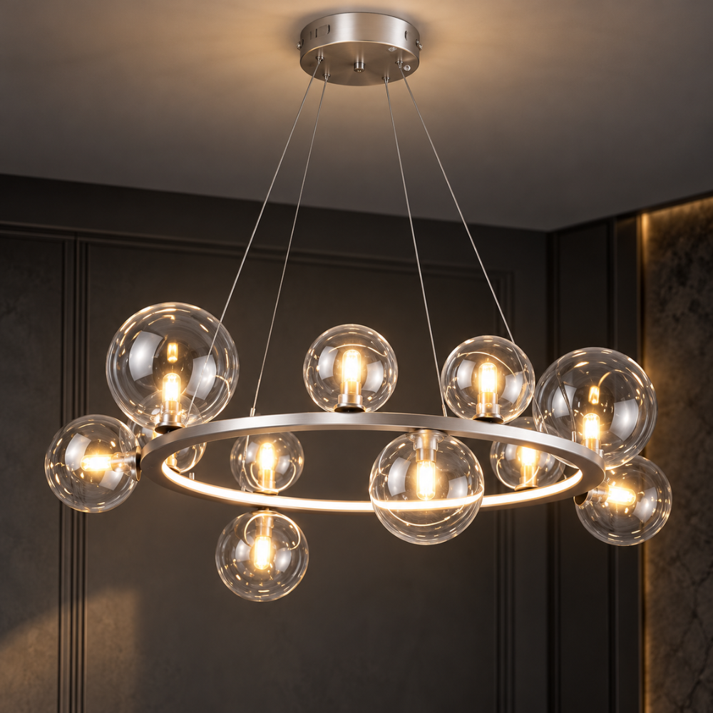 LED Art Deco Glass Bubbles Round Chandelier silver glass bubble ring chandelier in a dark room