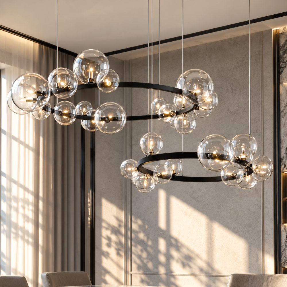LED Art Deco Glass Bubbles Round Chandelier black version with two rings