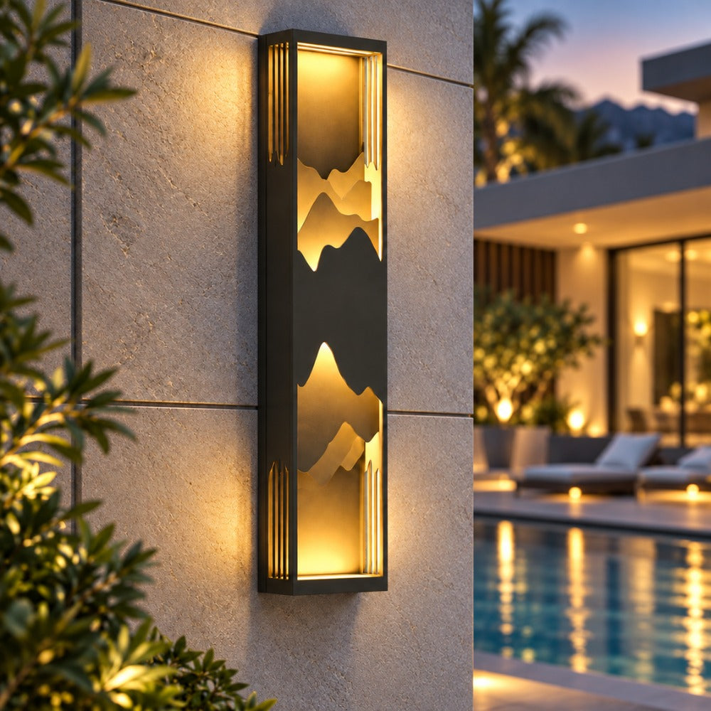 LED Outdoor Waterproof Garden Wall Lamps beside a pool on a stone wall at dusk