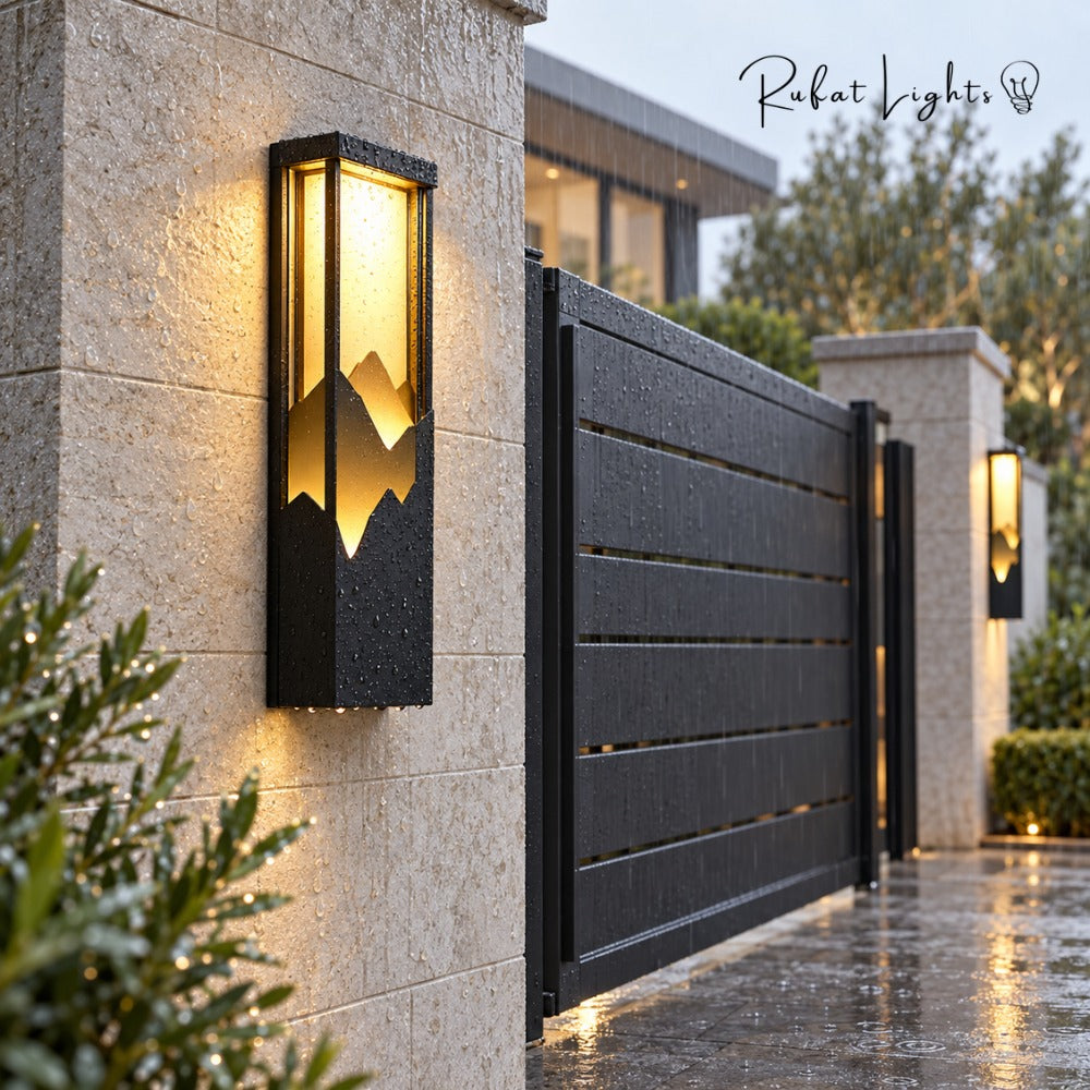LED Outdoor Waterproof Garden Wall Lamps beside a modern gate on a stone wall