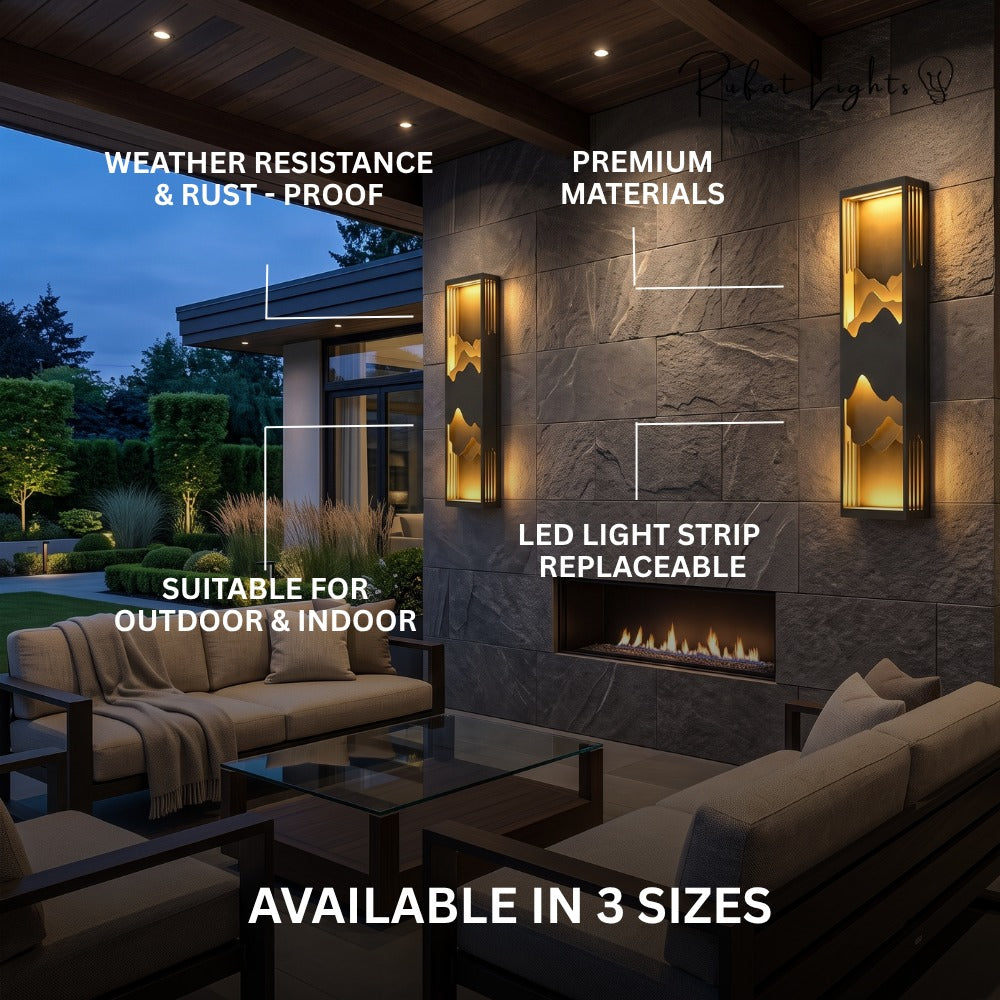 LED Outdoor Waterproof Garden Wall Lamps features: weather resistant and rust-proof, premium materials, suitable for outdoor and indoor, replaceable LED light strip, available in 3 sizes