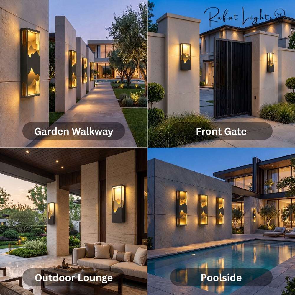 LED Outdoor Waterproof Garden Wall Lamps shown along a garden walkway, front gate, outdoor lounge and poolside