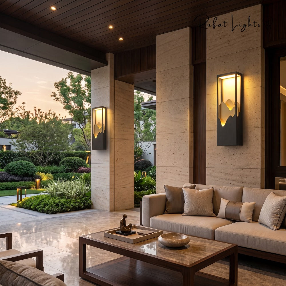 LED Outdoor Waterproof Garden Wall Lamps on a pillar in a covered outdoor lounge