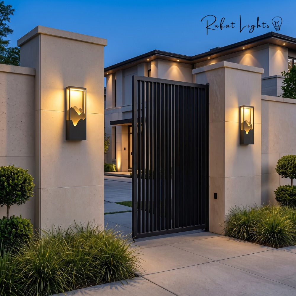 LED Outdoor Waterproof Garden Wall Lamps pair beside a driveway gate