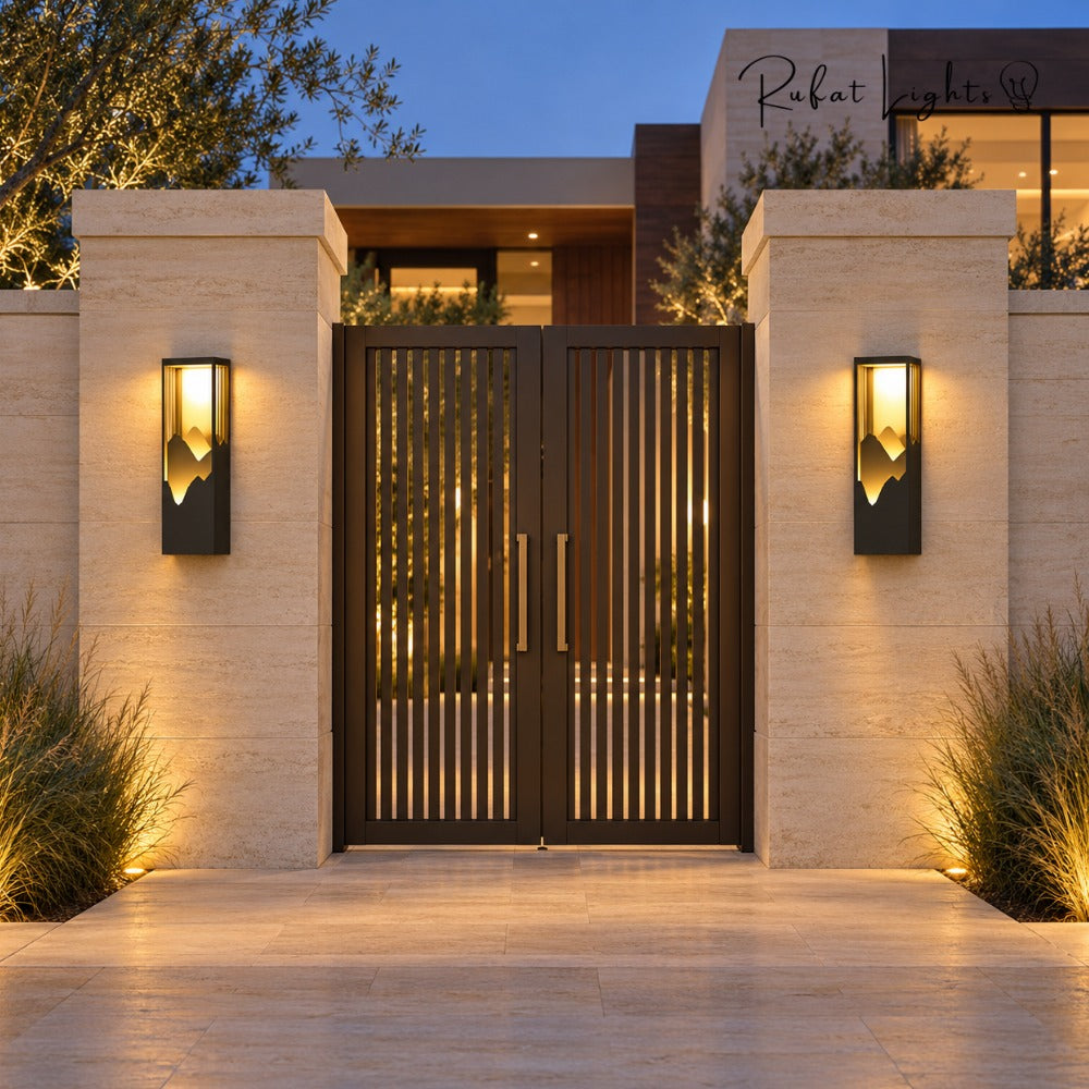 LED Outdoor Waterproof Garden Wall Lamps pair framing an entrance gate