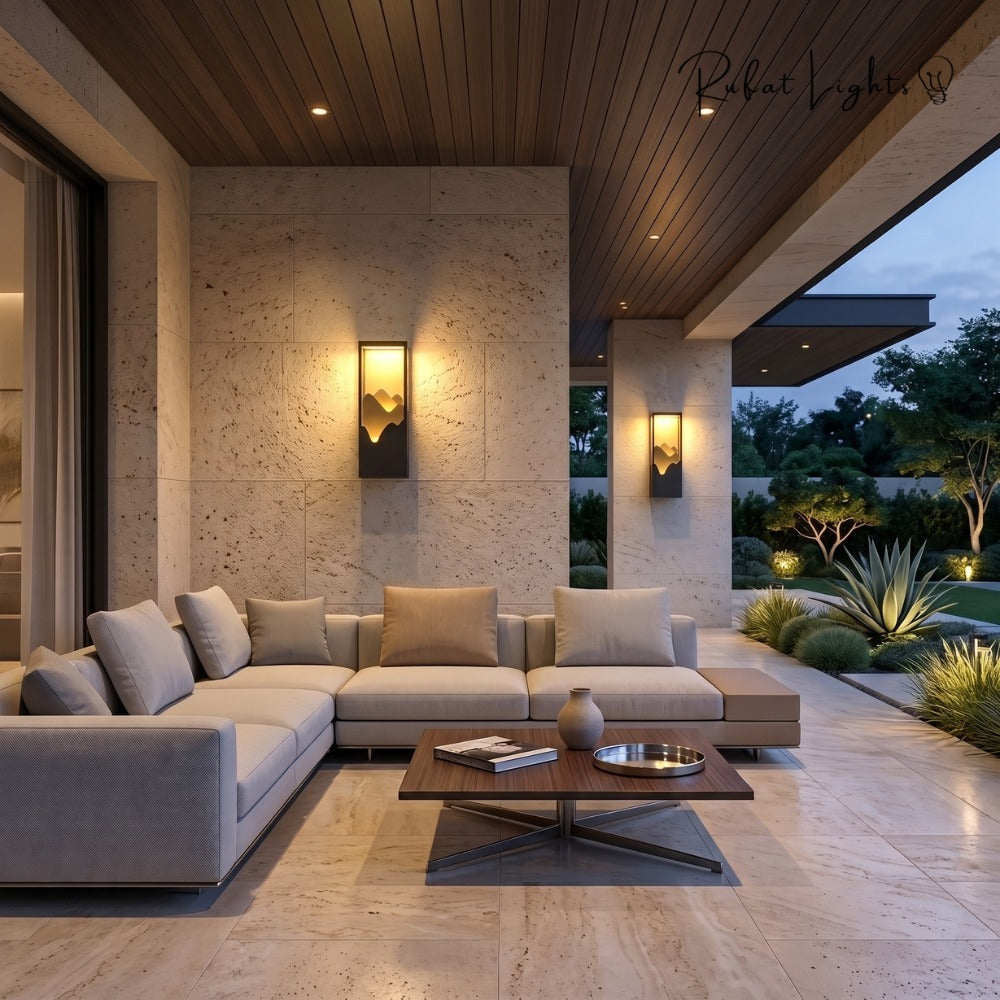 LED Outdoor Waterproof Garden Wall Lamps pair in a covered outdoor lounge