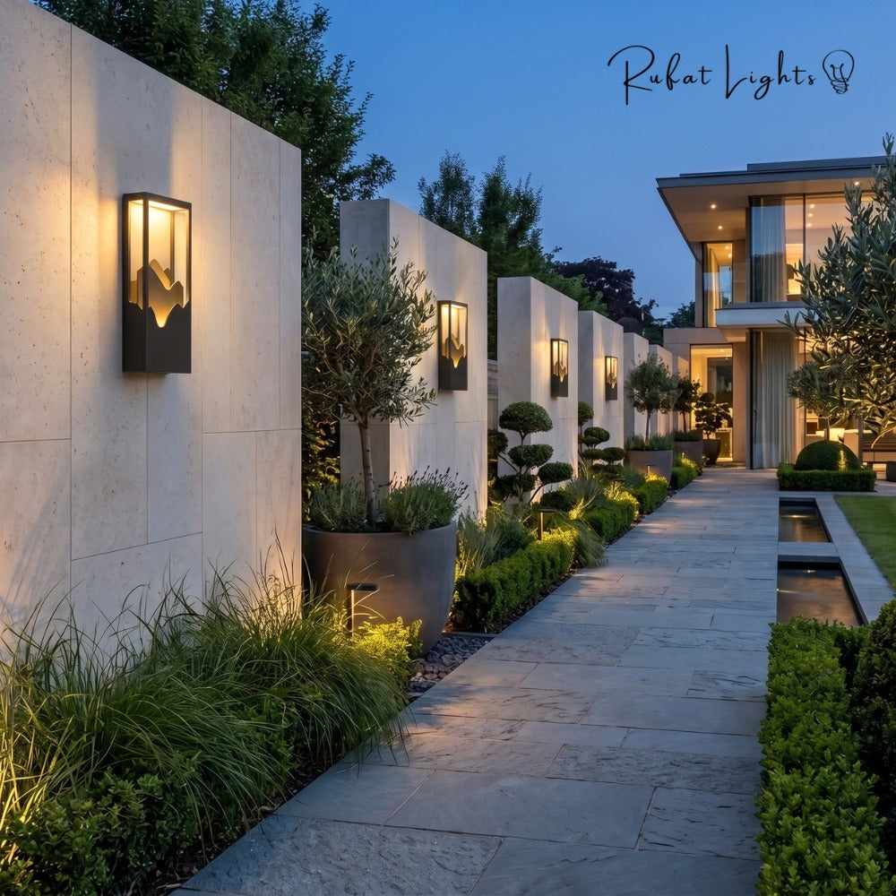 LED Outdoor Waterproof Garden Wall Lamps along a garden walkway wall