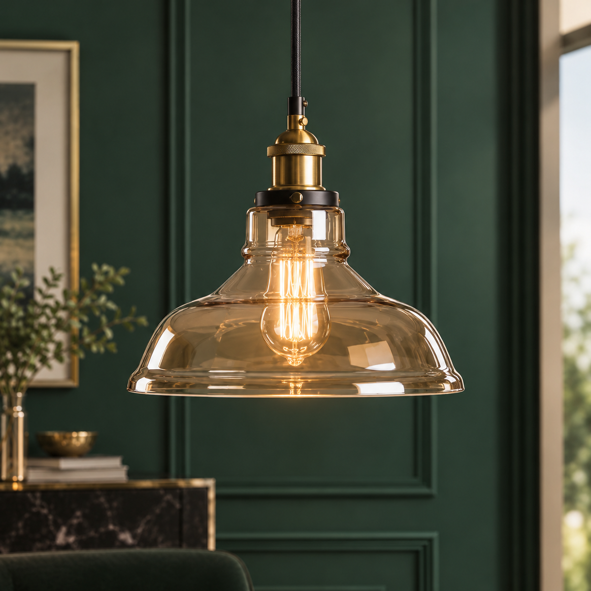 Loft Luminaire Clear Glass Pendant Lights amber glass pendant with brass lamp holder glowing against a green panelled wall