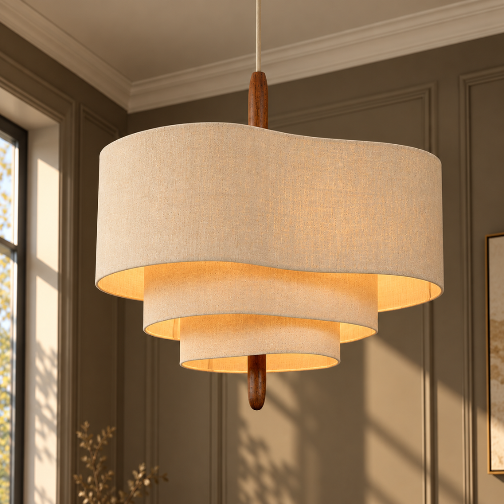 Lustre Cloth Ceiling Lamp three-tier linen drum pendant with wood stem
