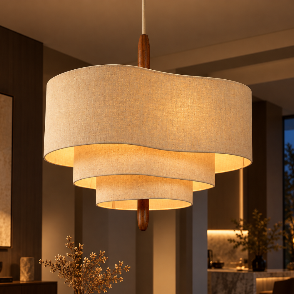 Lustre Cloth Ceiling Lamp version glowing in a dark room