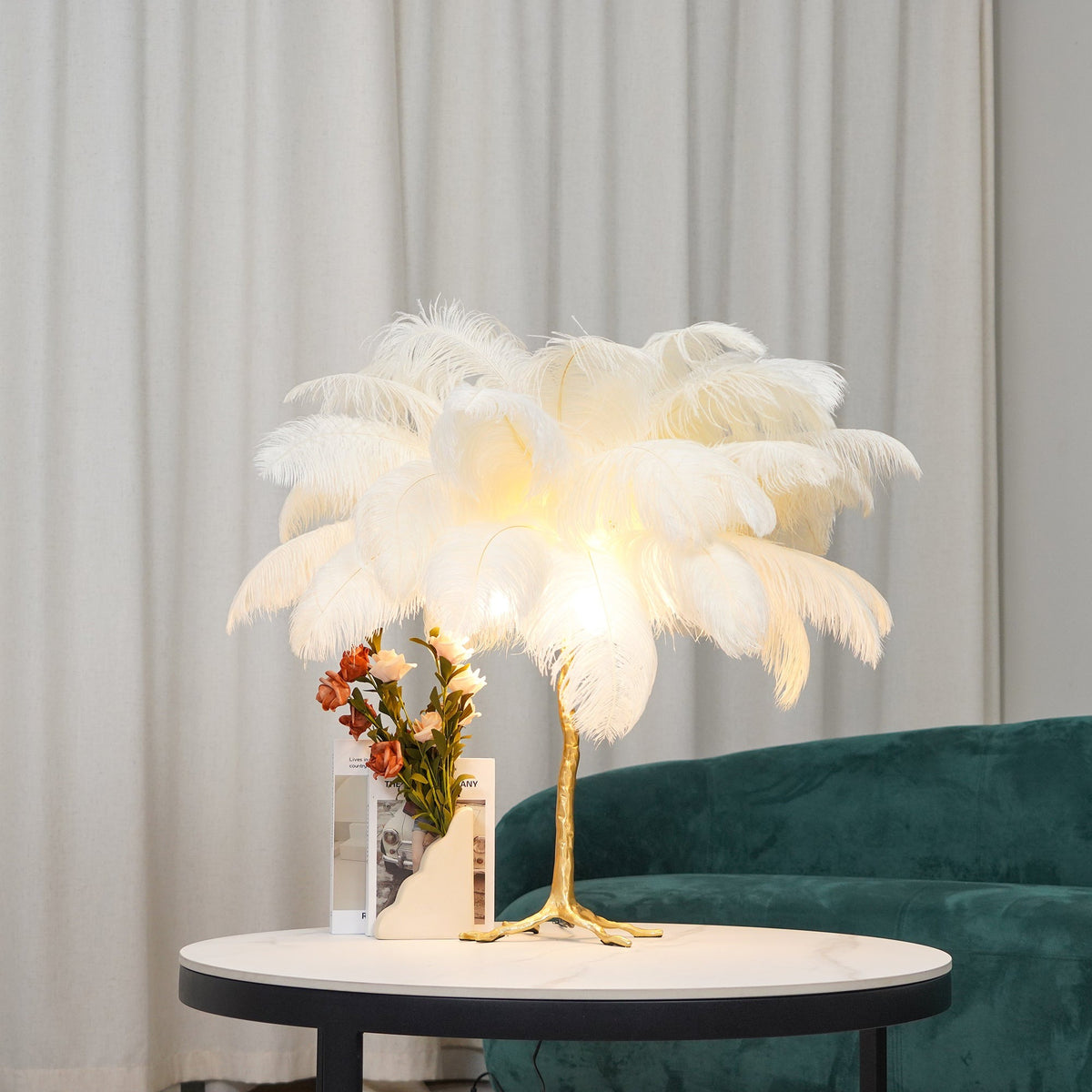 Luxury Ostrich Feather Resin LED Floor/Table Lamp table lamp in white on a round coffee table