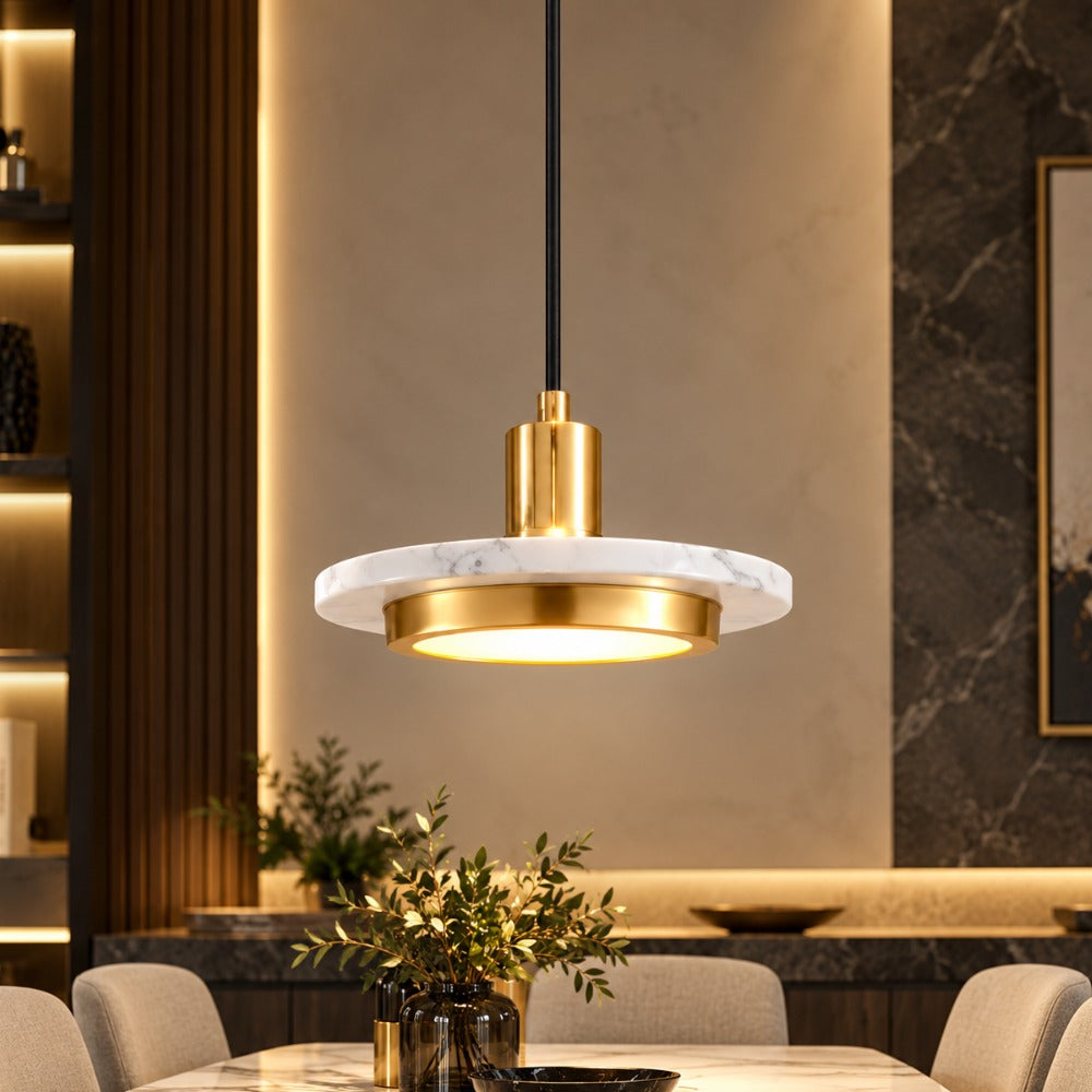 Luxury Postmodern LED Marble Disc Pendant Lights White marble disc with gold frame