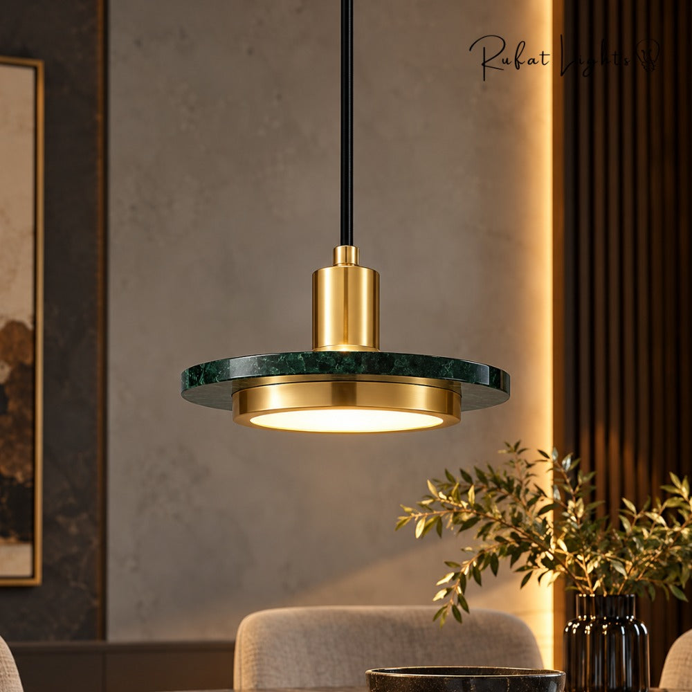 Luxury Postmodern LED Marble Disc Pendant Lights Green marble disc glowing