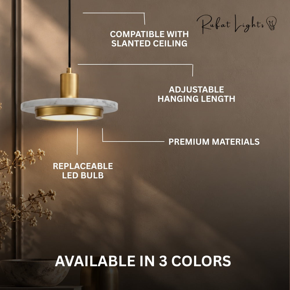 Luxury Postmodern LED Marble Disc Pendant Lights features: compatible with slanted ceiling, adjustable hanging length, premium materials, replaceable LED bulb, available in 3 colors