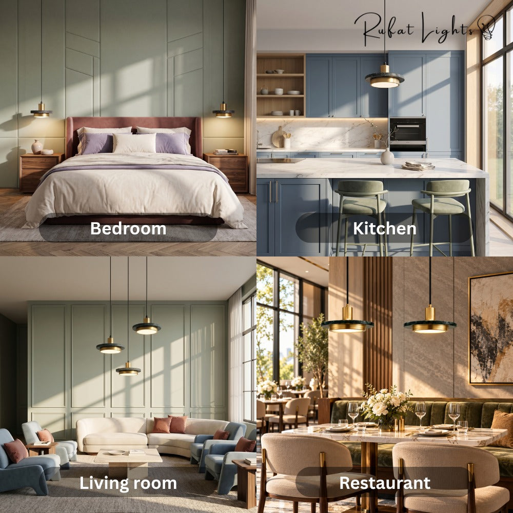 Luxury Postmodern LED Marble Disc Pendant Lights shown in a bedroom, kitchen, living room and restaurant