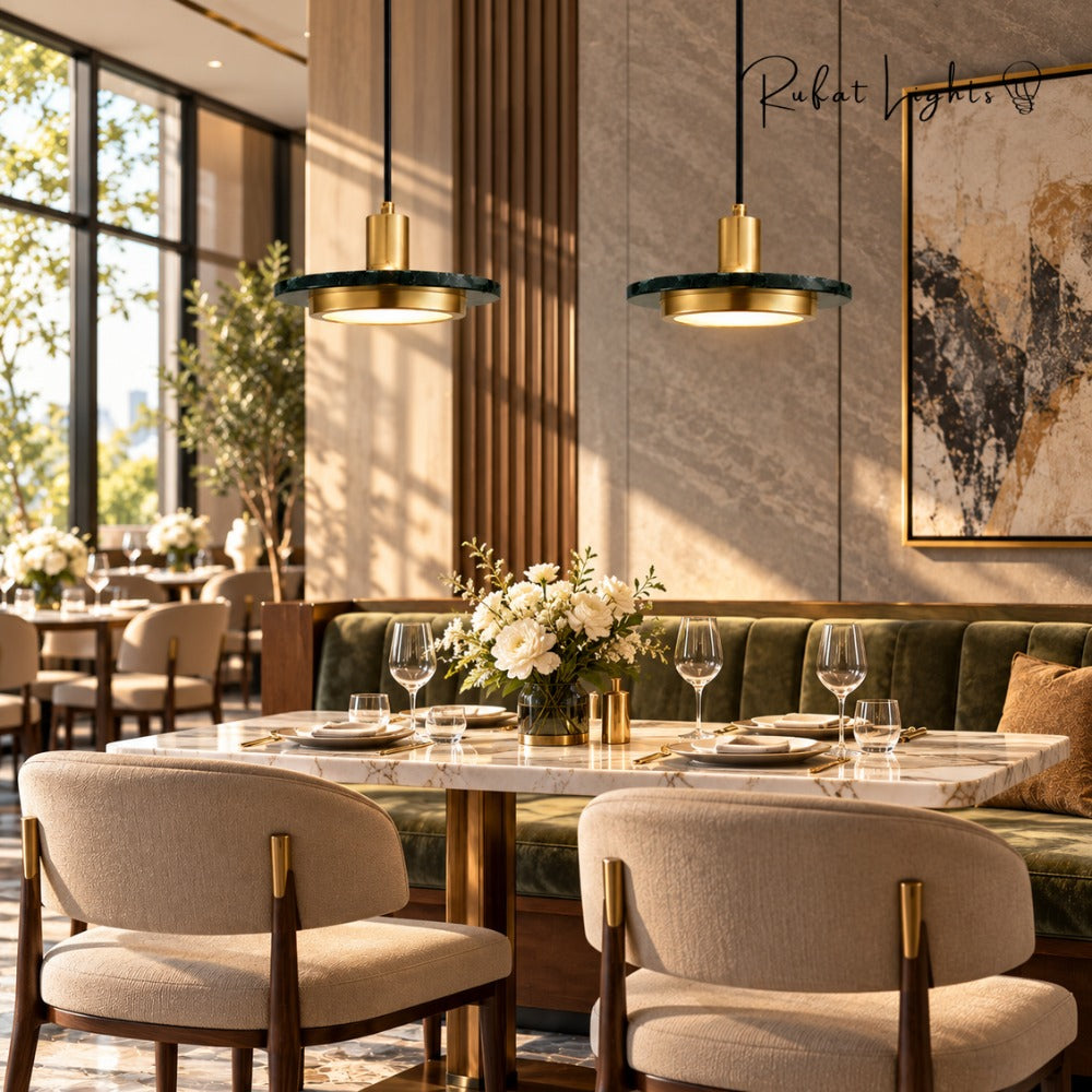 Luxury Postmodern LED Marble Disc Pendant Lights pair over a dining table