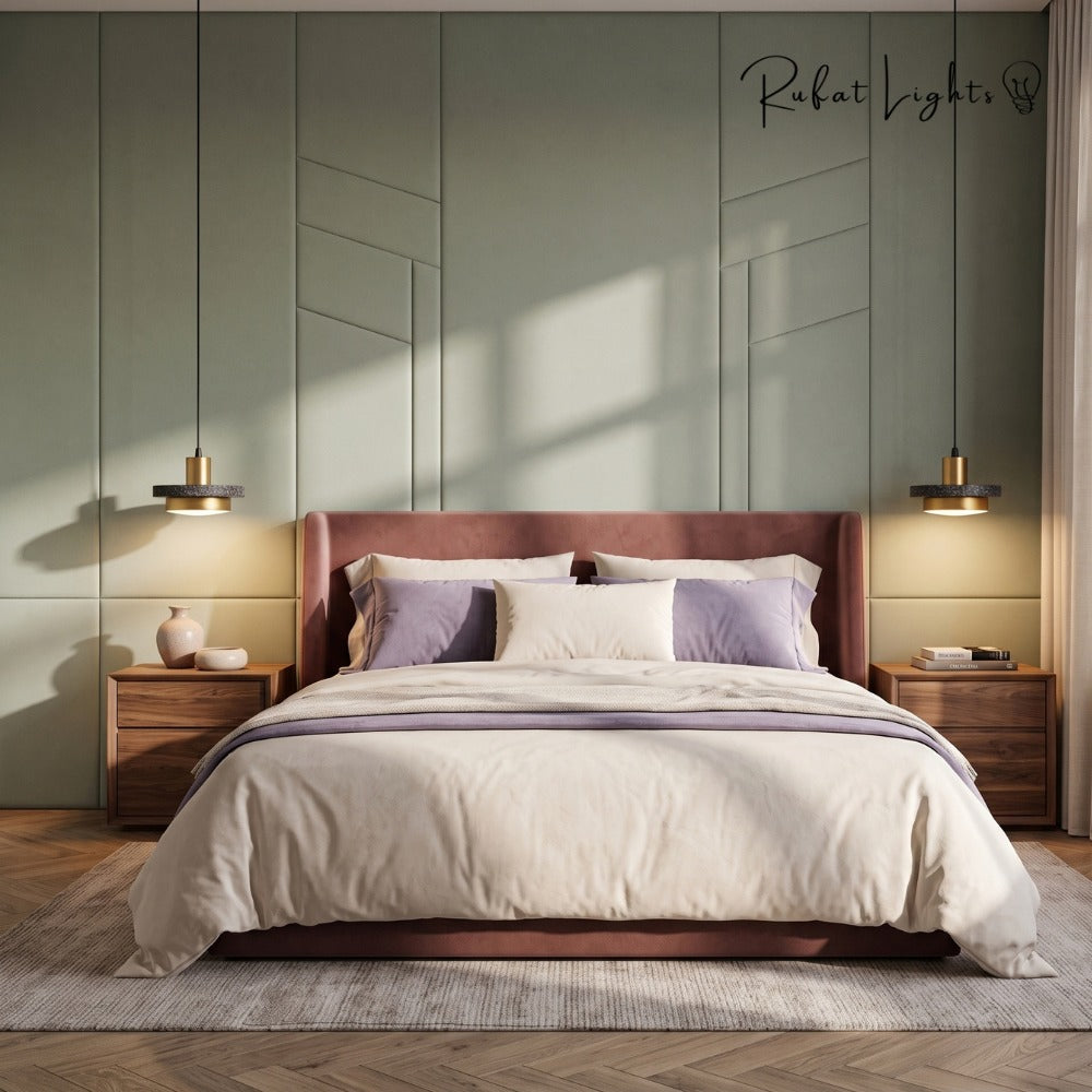 Luxury Postmodern LED Marble Disc Pendant Lights pair beside a bed