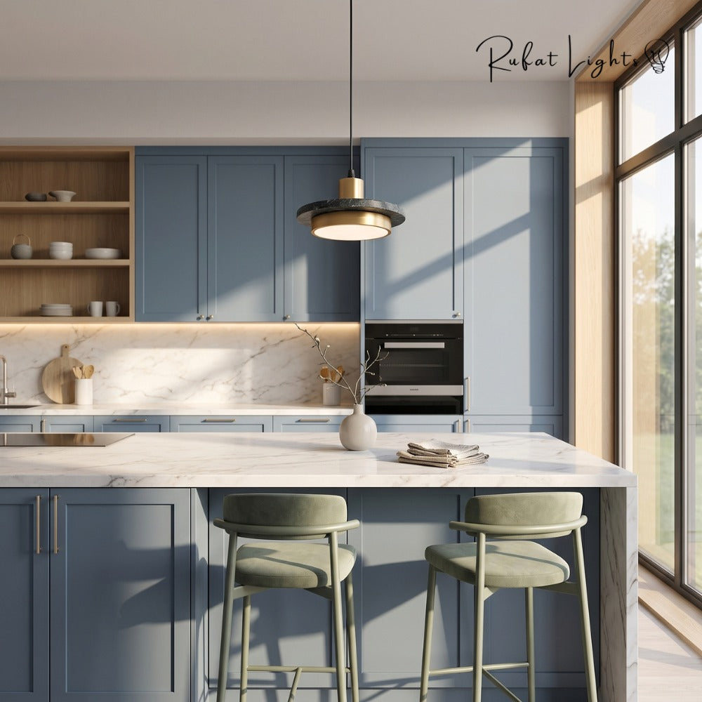 Luxury Postmodern LED Marble Disc Pendant Lights over a kitchen island