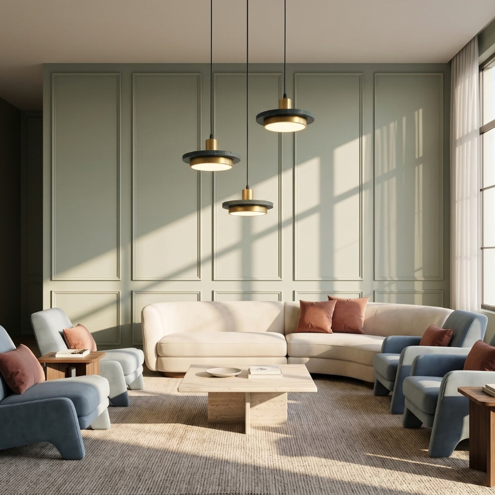 Luxury Postmodern LED Marble Disc Pendant Lights trio over a living room