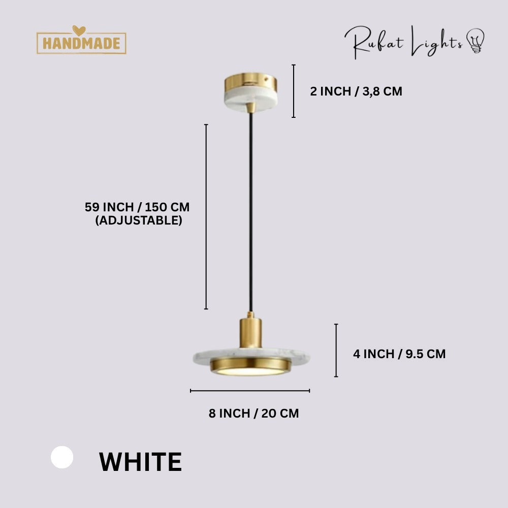 Luxury Postmodern LED Marble Disc Pendant Lights White dimensions: 8 in (20 cm) diameter, 4 in (9.5 cm) high, 59 in (150 cm) adjustable hanging length