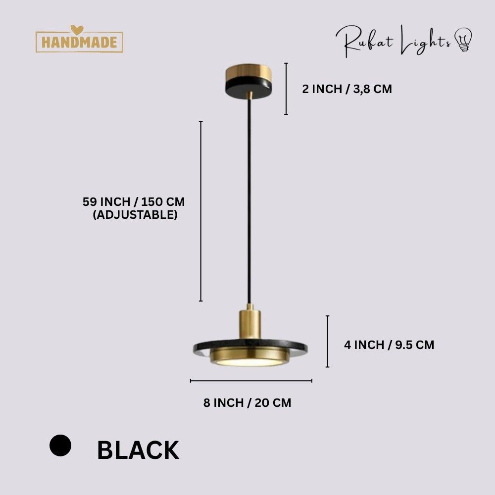 Luxury Postmodern LED Marble Disc Pendant Lights Black dimensions: 8 in (20 cm) diameter, 4 in (9.5 cm) high, 59 in (150 cm) adjustable hanging length