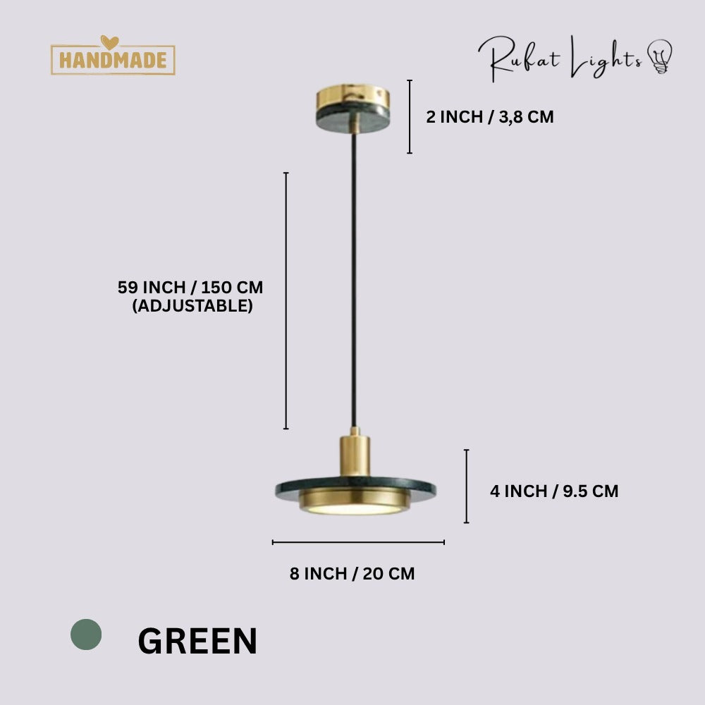 Luxury Postmodern LED Marble Disc Pendant Lights Green dimensions: 8 in (20 cm) diameter, 4 in (9.5 cm) high, 59 in (150 cm) adjustable hanging length