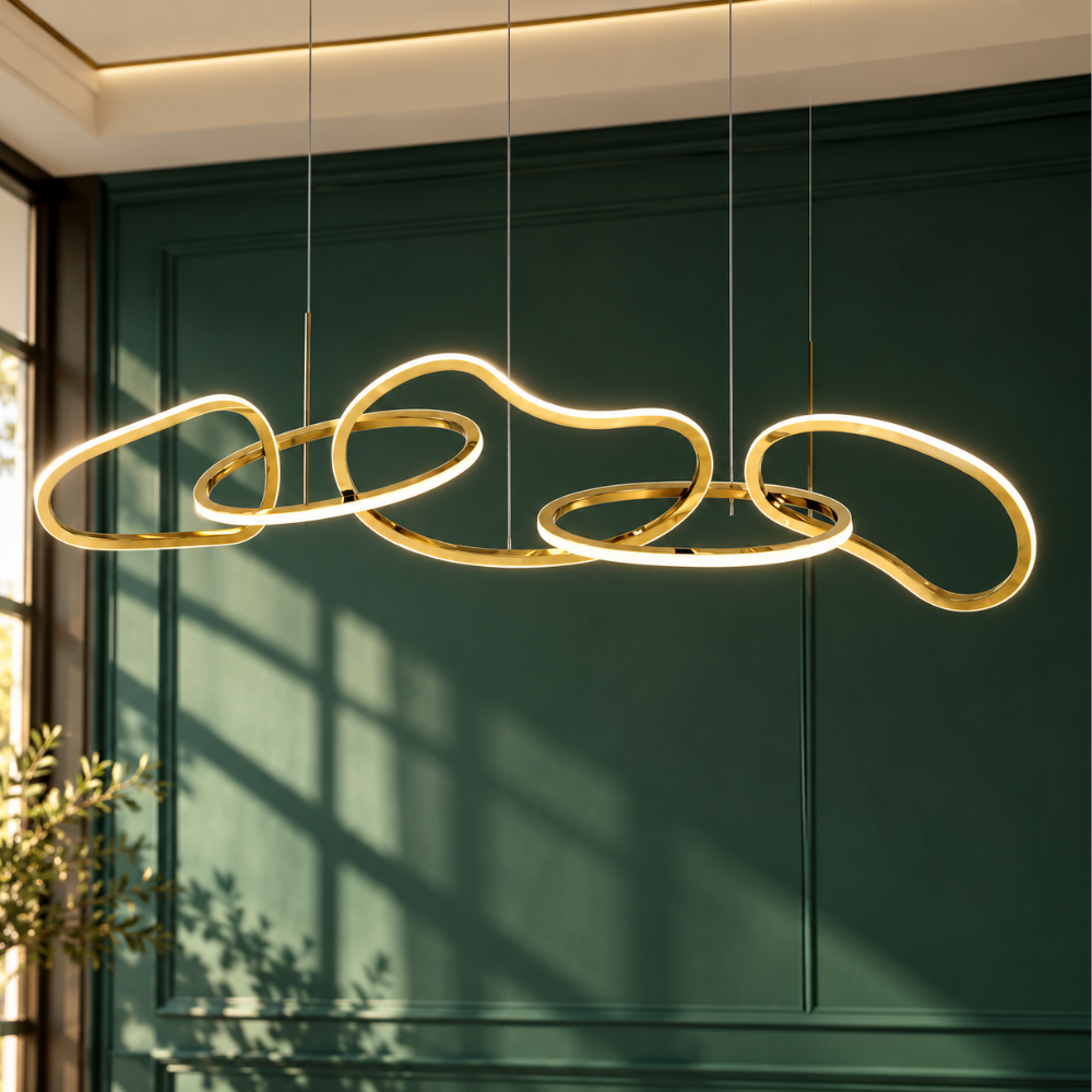Luxury Stainless Steel Electroplated Chandeliers gold ring LED chandelier on a green wall