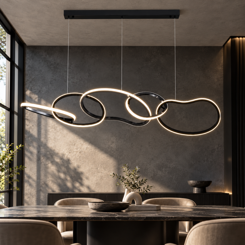 Luxury Stainless Steel Electroplated Chandeliers black version over a dining table