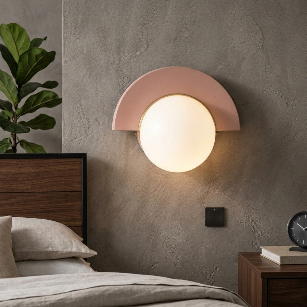 Minimalist Arc Colorful Nordic Wall Lamp Sconce Light Fixtures pink shade beside a bed