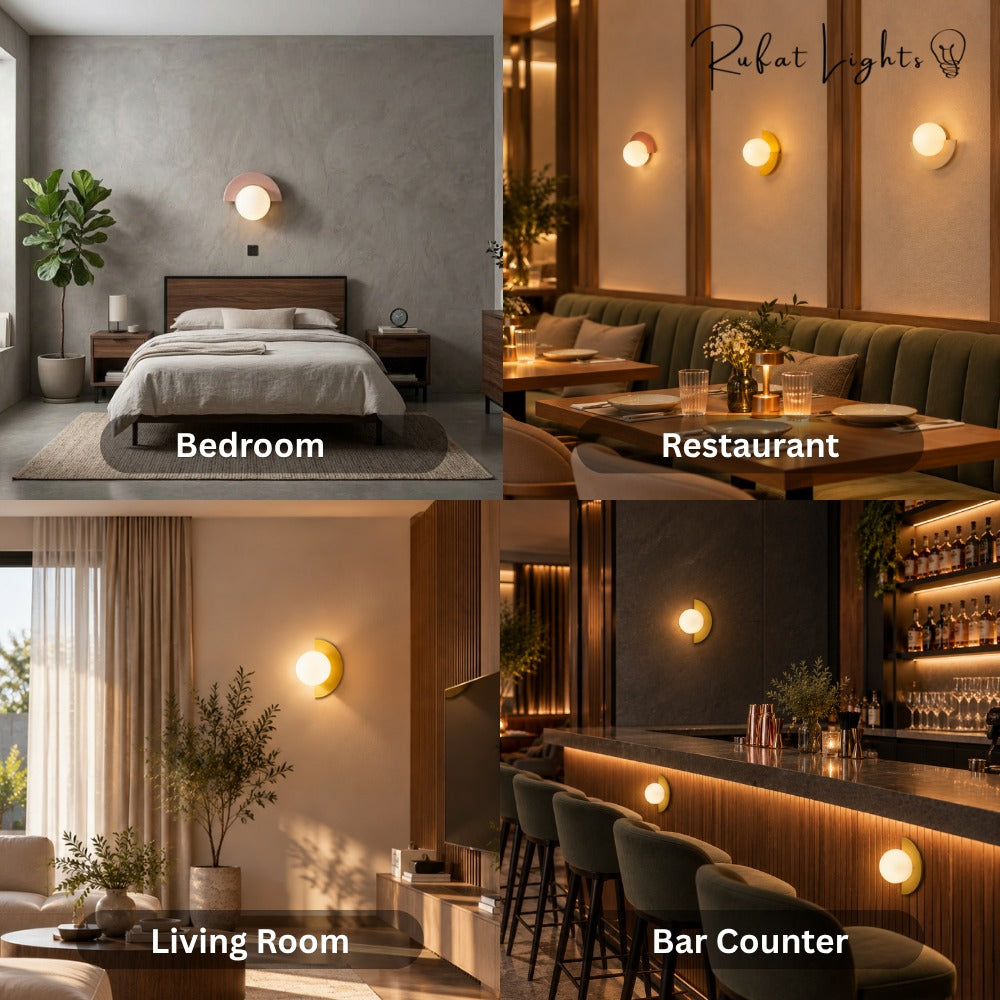 Minimalist Arc Colorful Nordic Wall Lamp Sconce Light Fixtures shown in a bedroom, restaurant, living room and bar counter