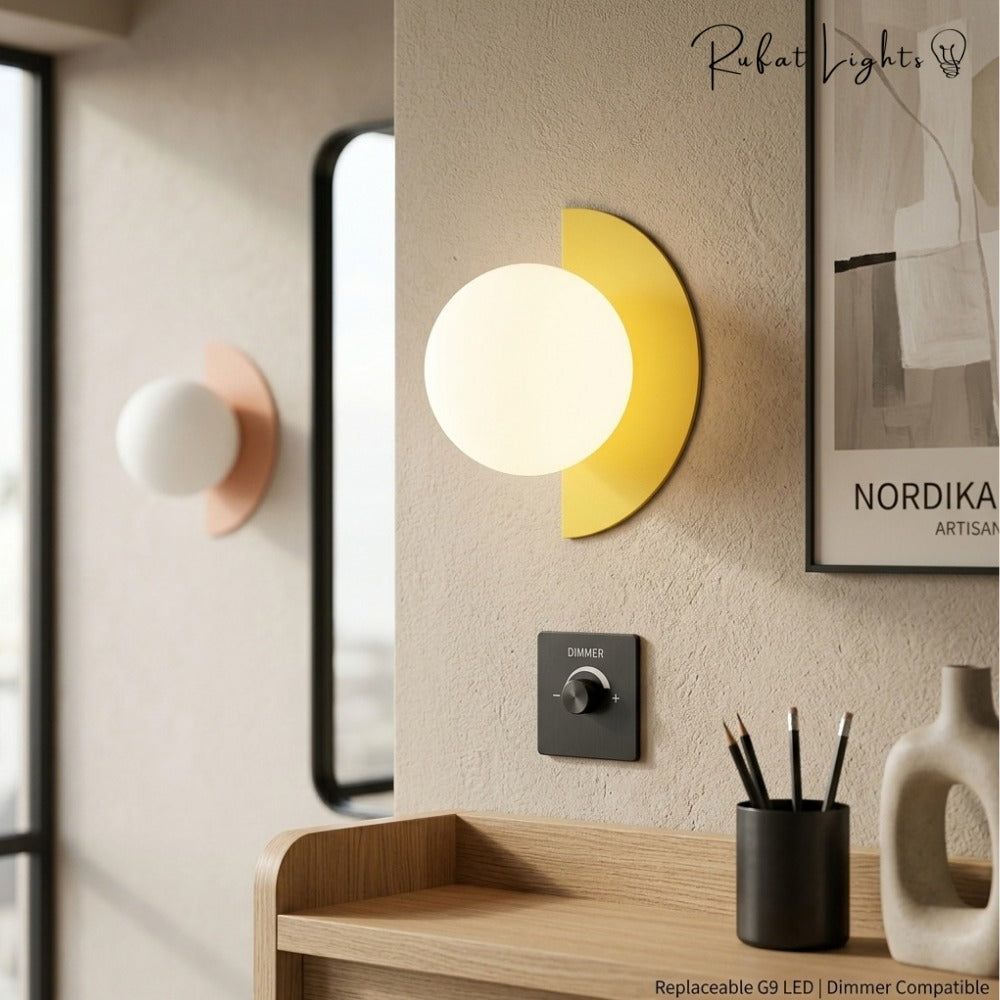 Minimalist Arc Colorful Nordic Wall Lamp Sconce Light Fixtures pink and yellow above a desk