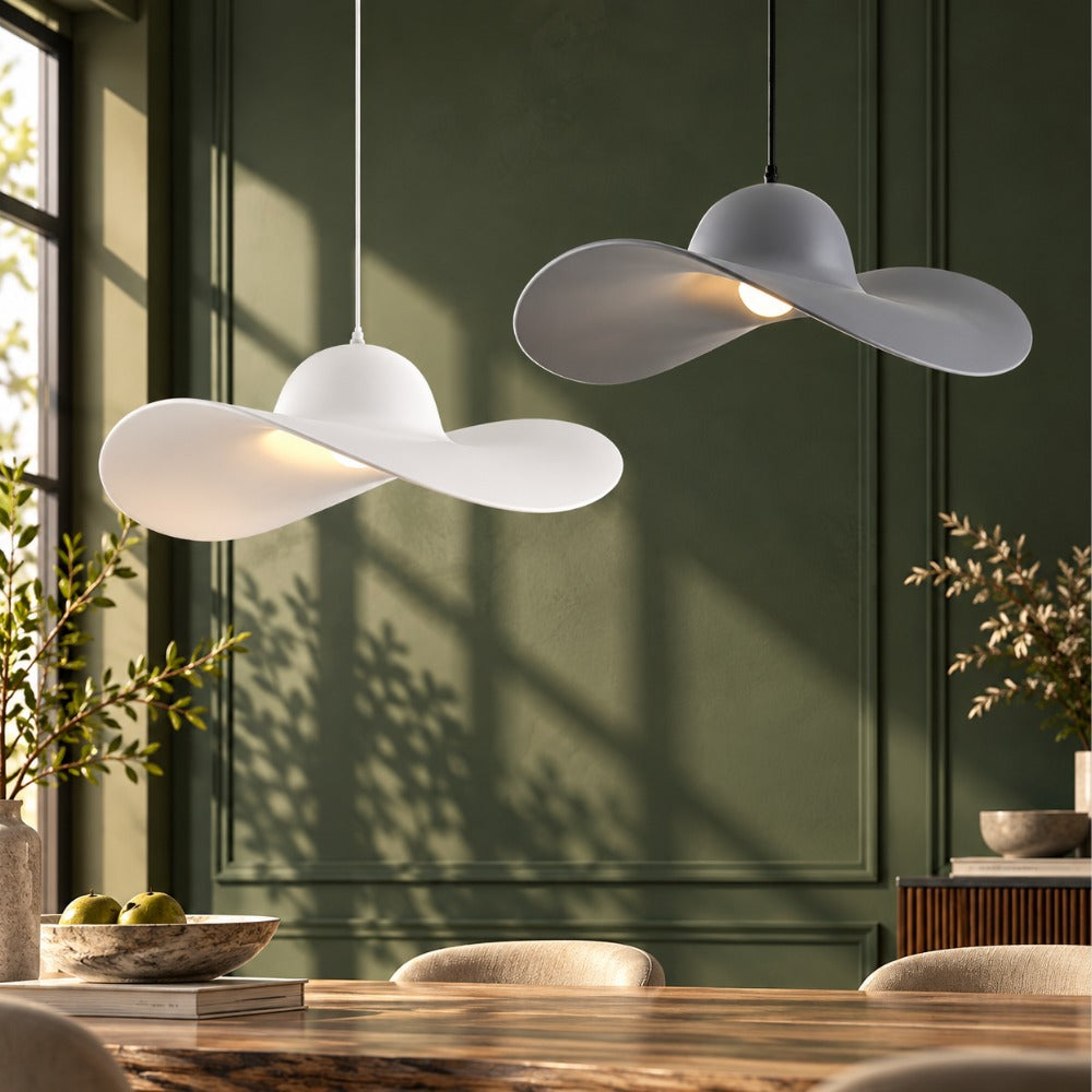 Minimalist Creative Straw Hat Pendant Light White and Grey pair against a green wall