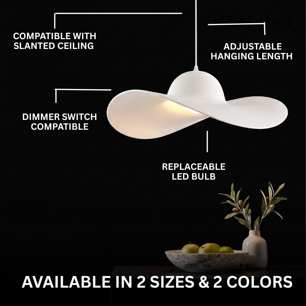 Minimalist Creative Straw Hat Pendant Light features: compatible with slanted ceiling, adjustable hanging length, dimmer switch compatible, replaceable LED bulb, available in 2 sizes and 2 colors