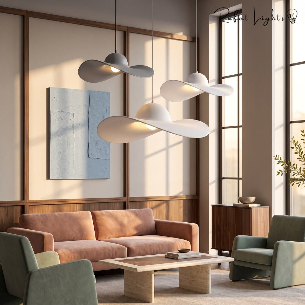 Minimalist Creative Straw Hat Pendant Light group in a living room