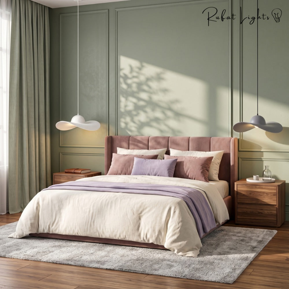 Minimalist Creative Straw Hat Pendant Light above a bed