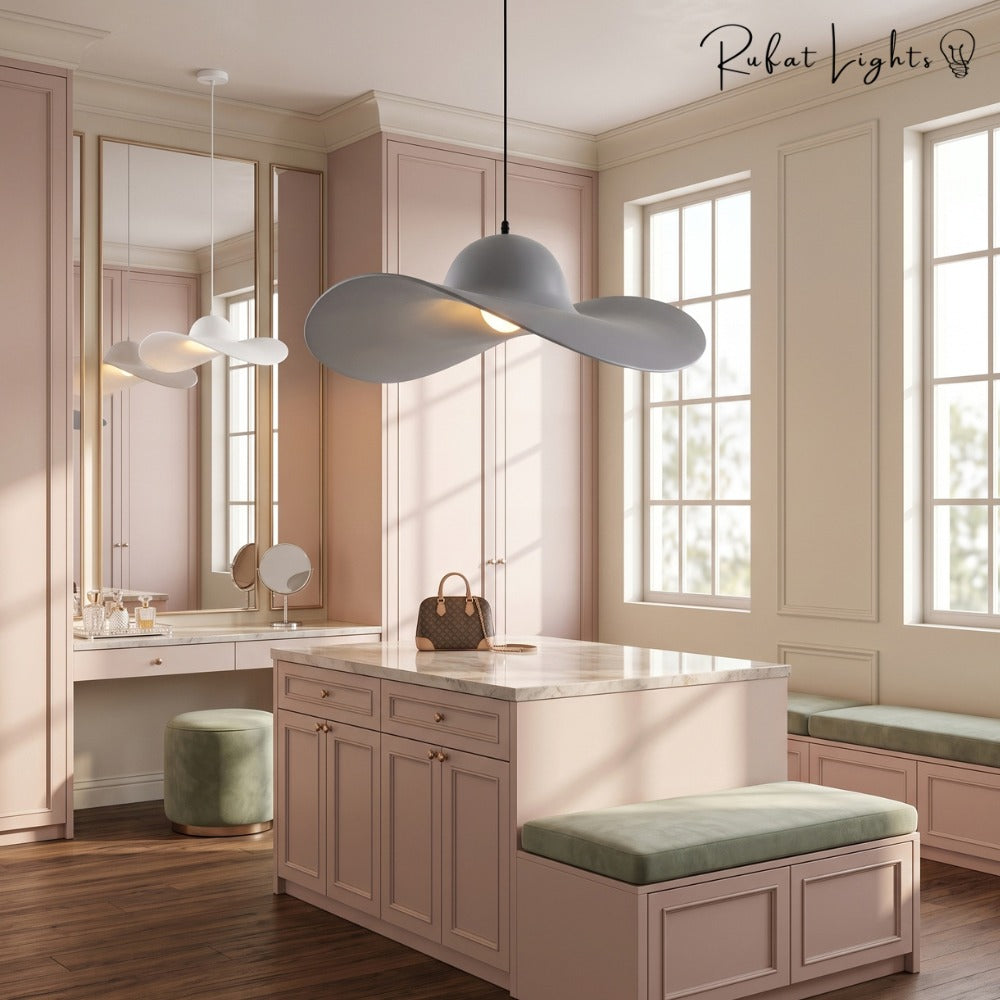 Minimalist Creative Straw Hat Pendant Light in a dressing room