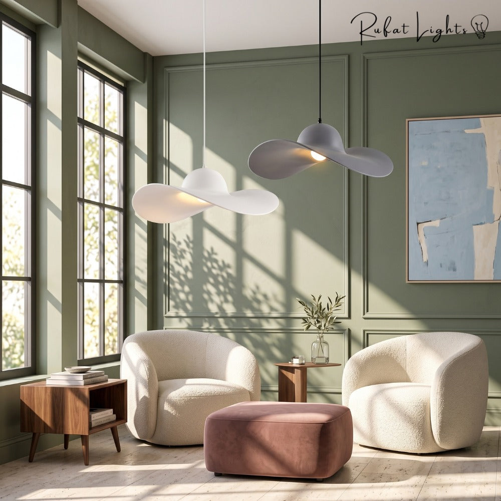 Minimalist Creative Straw Hat Pendant Light over a lounge area