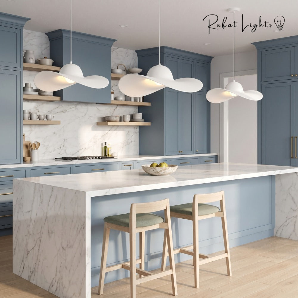 Minimalist Creative Straw Hat Pendant Light trio over a kitchen island