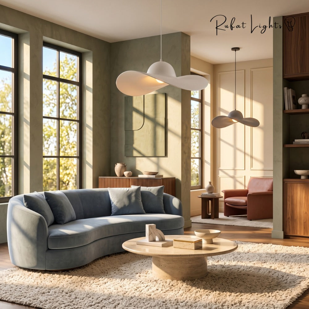 Minimalist Creative Straw Hat Pendant Light Grey in a living room