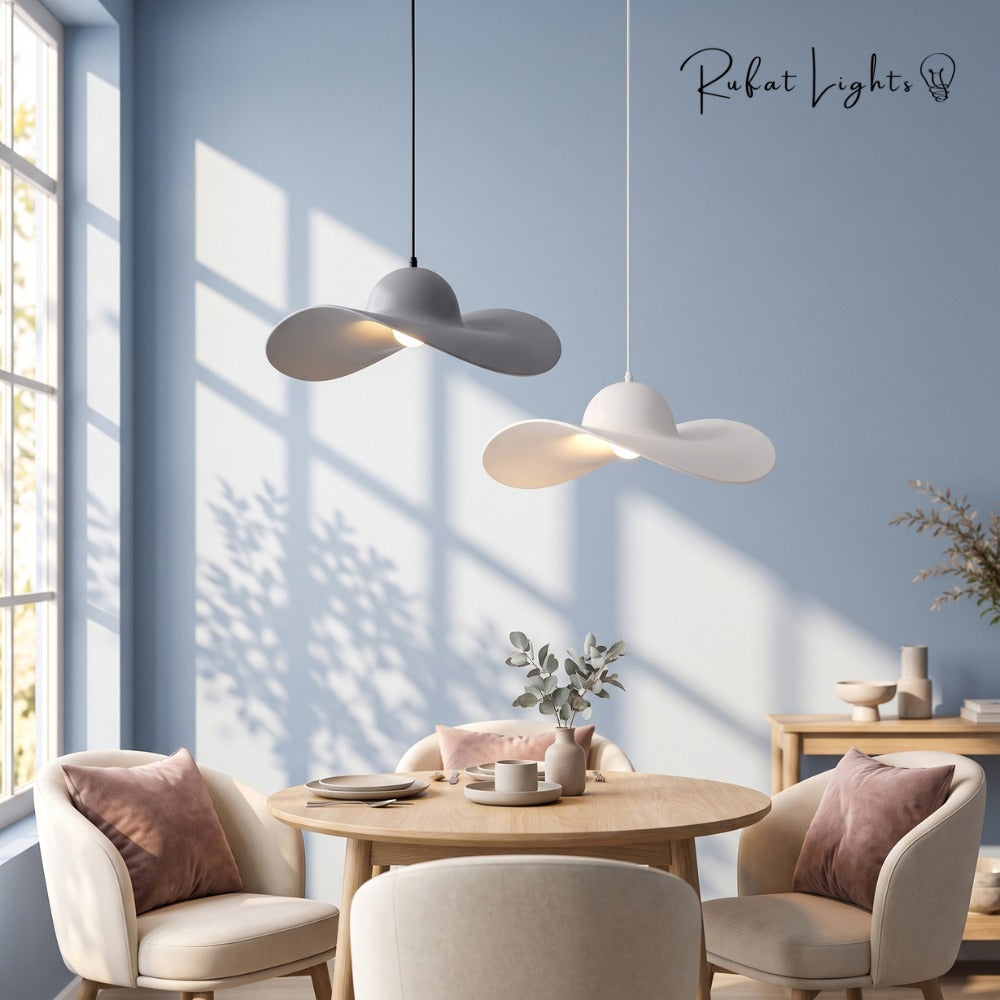 Minimalist Creative Straw Hat Pendant Light White and Grey over a dining table