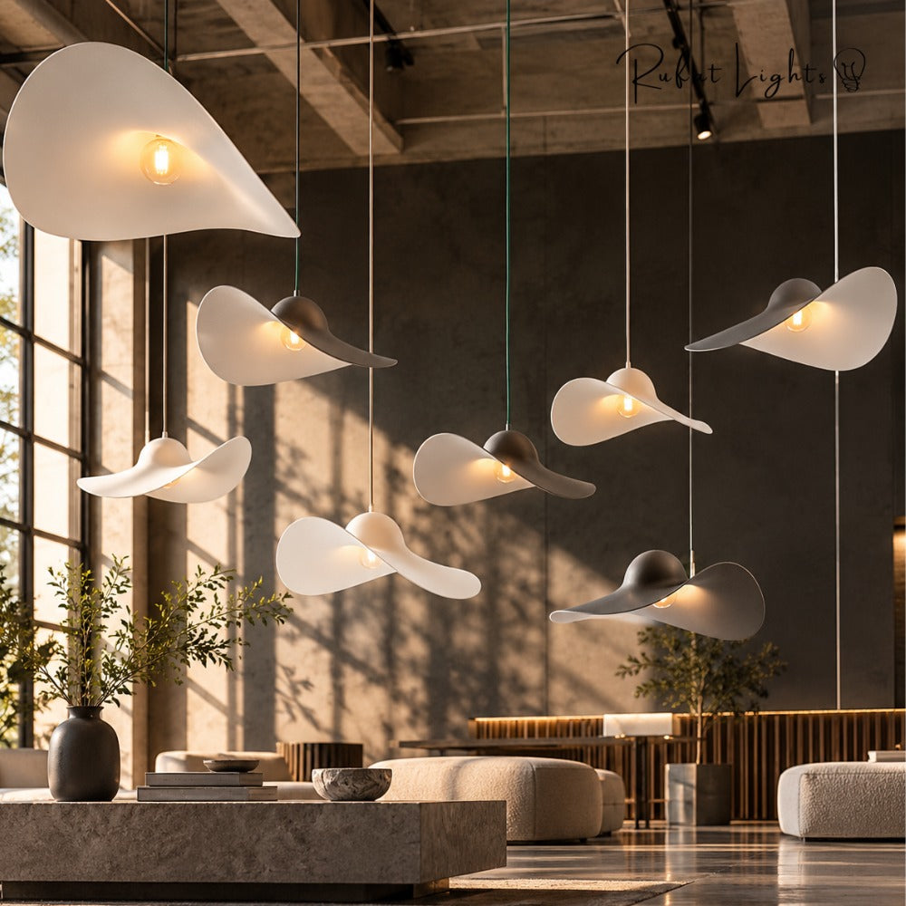Minimalist Creative Straw Hat Pendant Light group in a lounge
