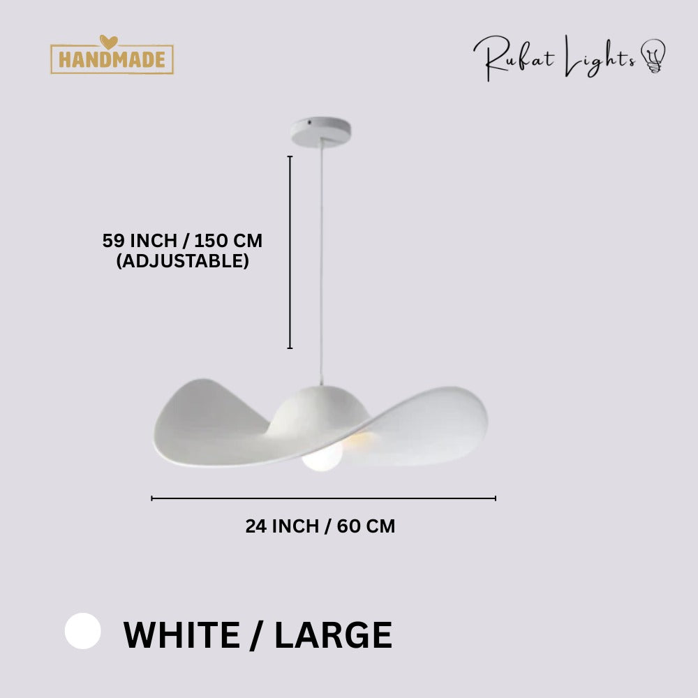 Minimalist Creative Straw Hat Pendant Light White Large dimensions: 24 in (60 cm) wide, 59 in (150 cm) adjustable hanging length
