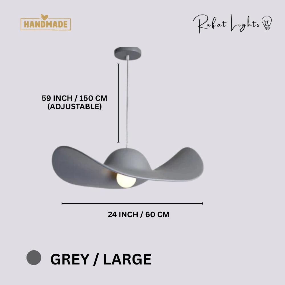 Minimalist Creative Straw Hat Pendant Light Grey Large dimensions: 24 in (60 cm) wide, 59 in (150 cm) adjustable hanging length