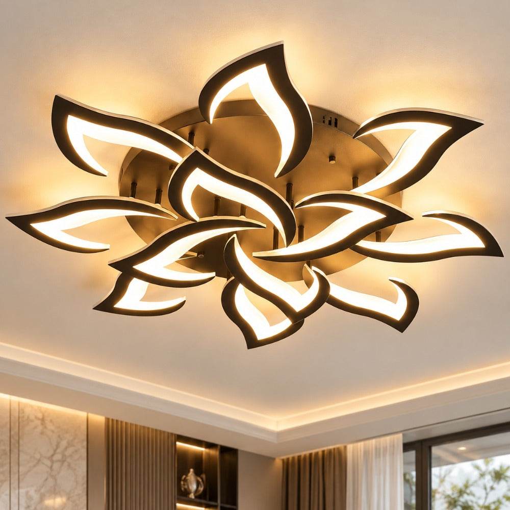 Modern Acrylic Iron Flower Chandelier Lamp Black flower design with warm glow